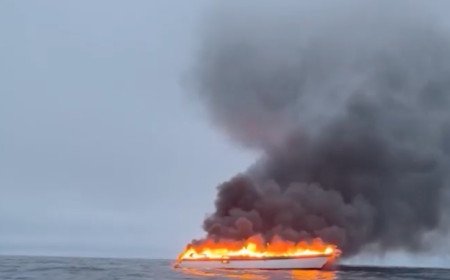 Four rescued after luxury yacht bursts into flames off English coast